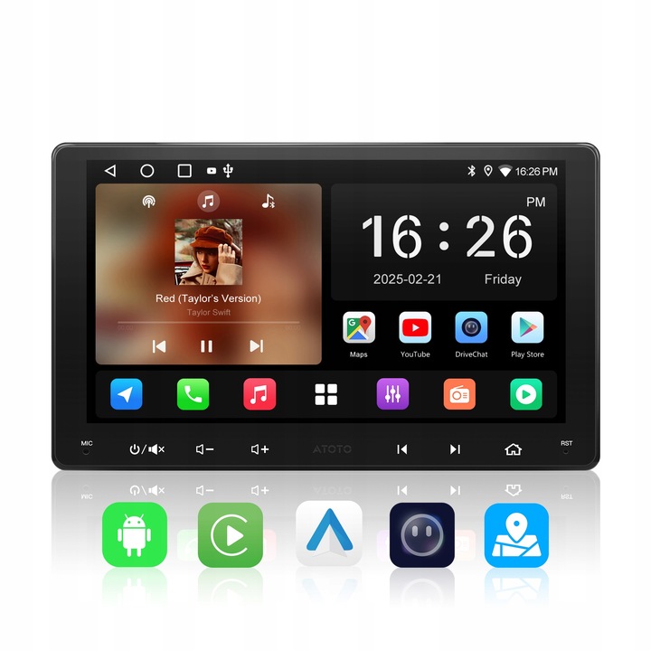 Radio auto 2 Din 9 inch, Atoto, CarPlay, Android Auto, Bluetooth, USB, camera de marsarier inclusa, negru