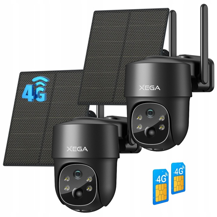 Камера за наблюдение, XEGA, комплект 2 бр., соларна, ротативна, 3G 4G LTE, 2K, 3MPx