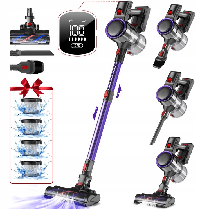 Aspirator fara fir Authmic, model 8 in 1, 45kPa, 50min, gri si violet, 16x26x67cm