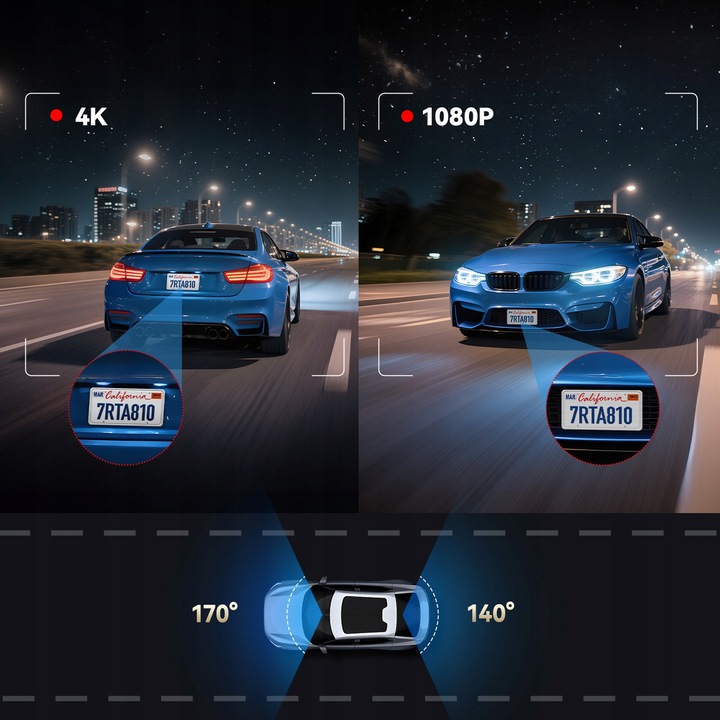 Camera auto DVR REDTIGER A8 4K + 1080P, WiFi, GPS, ecran tactil, set cu camera spate si card 64GB