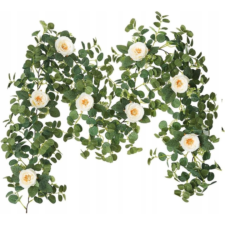 Ghirlanda artificiala Eucalipt cu trandafiri, 200 cm, colorat, waterproof