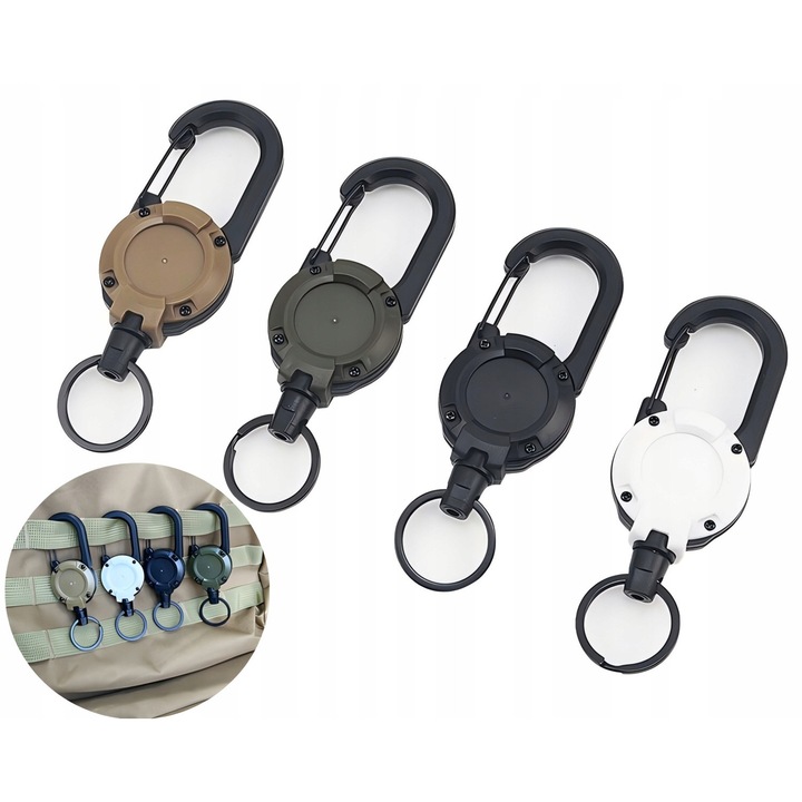 Set 4 Brelocuri Retractabile cu Carabina si Linie din Otel Inoxidabil, Negru, 12,3x4x1,2cm