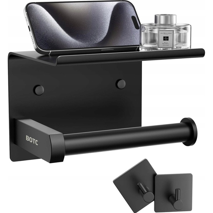 WC-papír tartó polccal, BOTC, fekete, rozsdamentes acél, 10x14x10cm, komplett szett