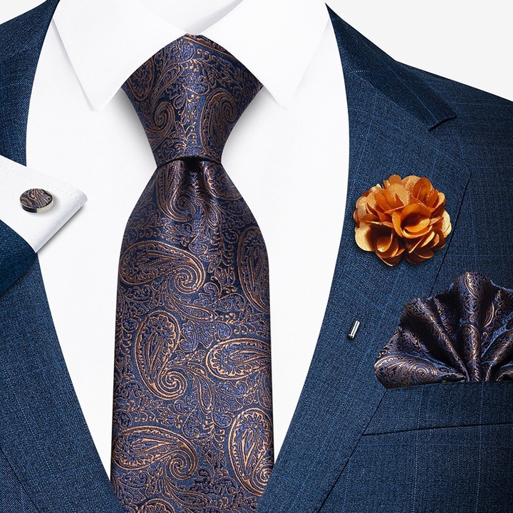 Set cravata barbati, matase, butoniera, batista, multicolor