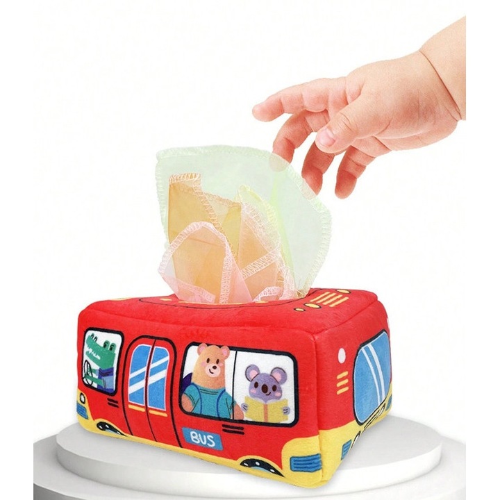 Cutie de servetele pentru copii, jucarie interactiva, design patrat, material catifea, multicolor, 1 bucata