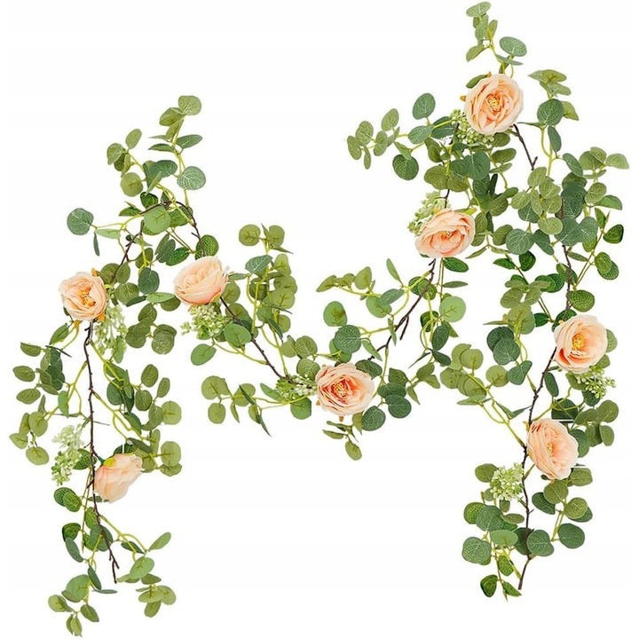 Girlanda artificiala cu eucalipt si trandafiri, 2m, roz-portocalie, set de 8 flori