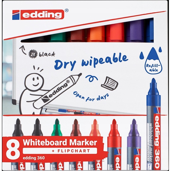 Fehér táblamarker, Edding, 8 darabos készlet, vegyes színek, 1,5-3mm