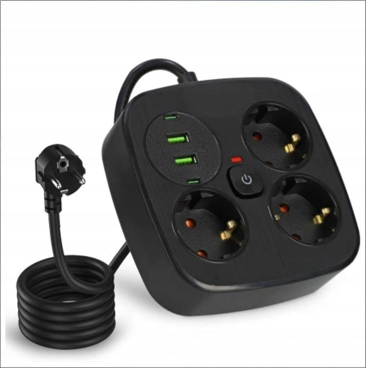 Prelungitor 3 gniazde 3m cu 4x USB, 2500W, 12.5x12.5x4cm