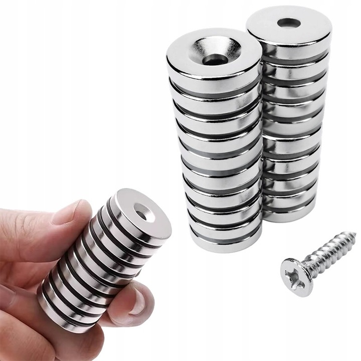 20 db neodímium mágnes készlet 15x3 mm, 4x18 mm csavarokkal, maximális teherbírás 2,4 kg, rozsdamentes, műanyag doboz