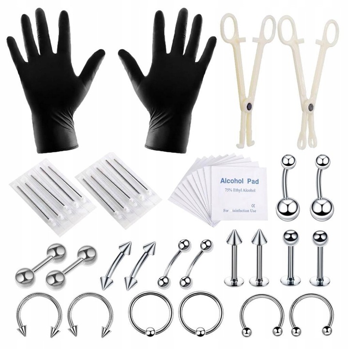 Set 42 piese unelte piercing, inox, 16G si 14G