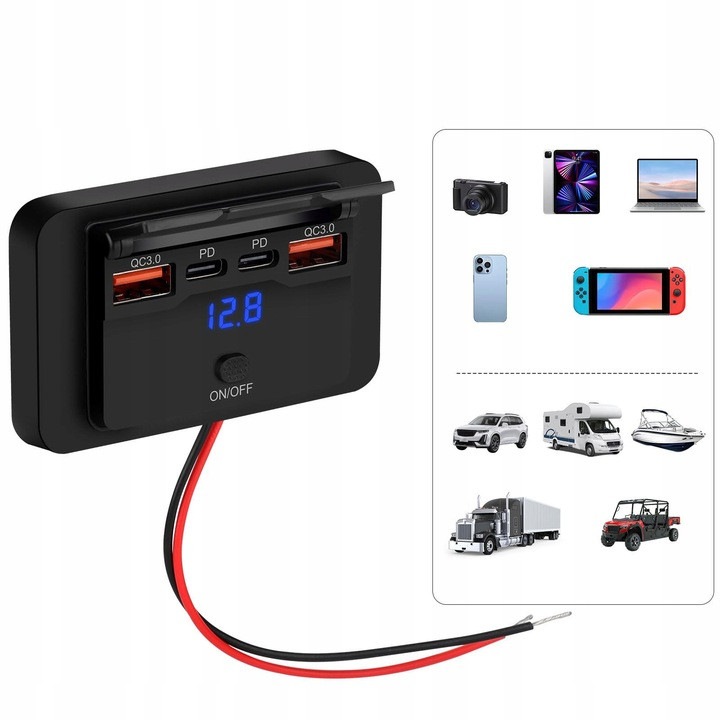 Panel gniazdo USB pentru incarcare auto, 12V/24V, 4 porturi USB, negru, usor de instalat