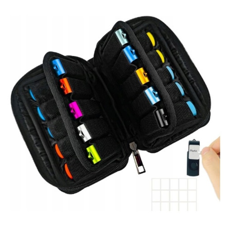 Etui organizator pentru pendrive USB, 20 compartimente, neopren, compact, portabil