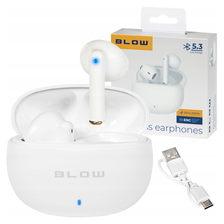 Casti Wireless BLOW, model ENC, reducere zgomot, alb, set