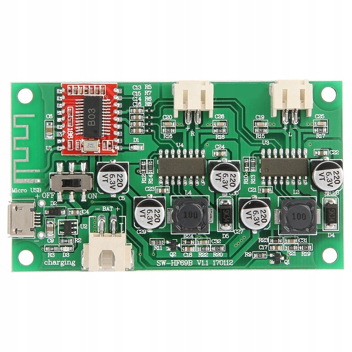 Bluetooth erősítő panel 2x6W, 6W + 6W, 4O-8O, 5V DC