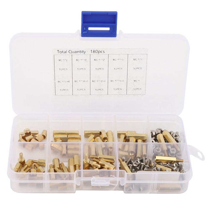 Set 180 bucati distantiere M2.5, cu suruburi si piulite, din alama, cutie de plastic