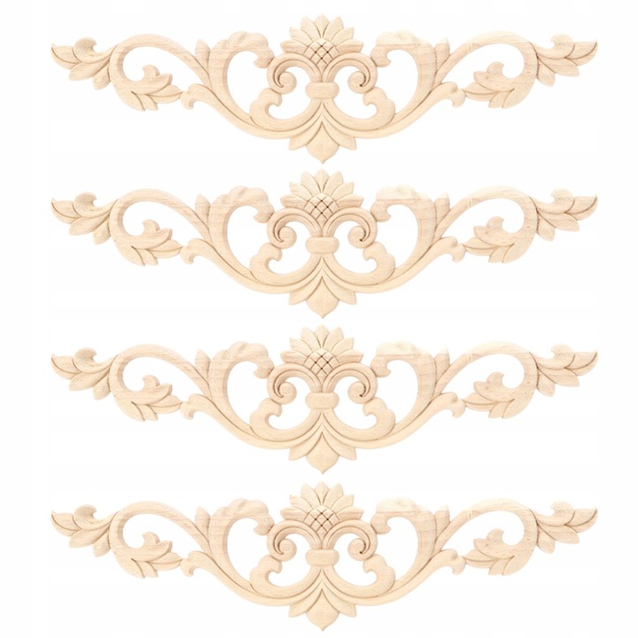 Set de 4 aplicatii sculptate din lemn, decorare mobilier, lemn de cauciuc, 30x8x0,7cm