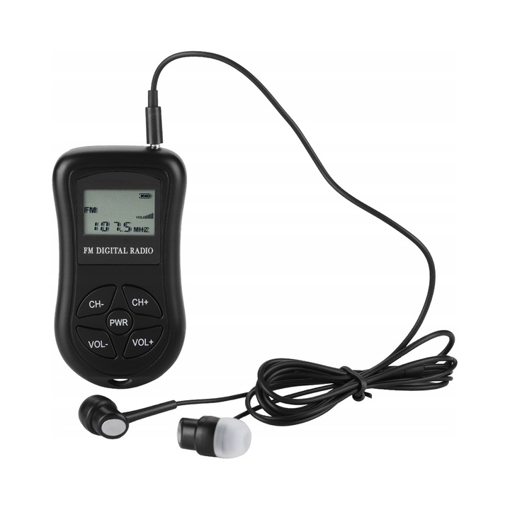 Radio digital portabil cu casti, 1,15 inch, 60-108 MHz, 8,5x4,6x2 cm, set complet