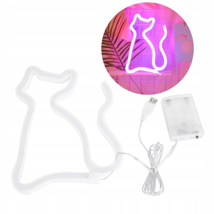 Neon éjjeli lámpa macska formában, rózsaszín, 23,5x17cm, USB/elemes tápellátás, belső dekoráció