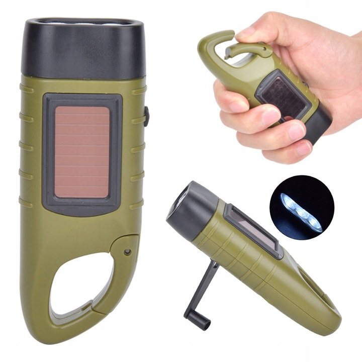 Соларен фенер с манивела, 3 LED, зелен, 12.4x4.5x3.2см, комплект 1 брой