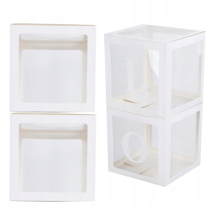 Set 4 cutii pentru Balon Transparent, 30x30cm, Alb, Decoratiuni Baby Shower