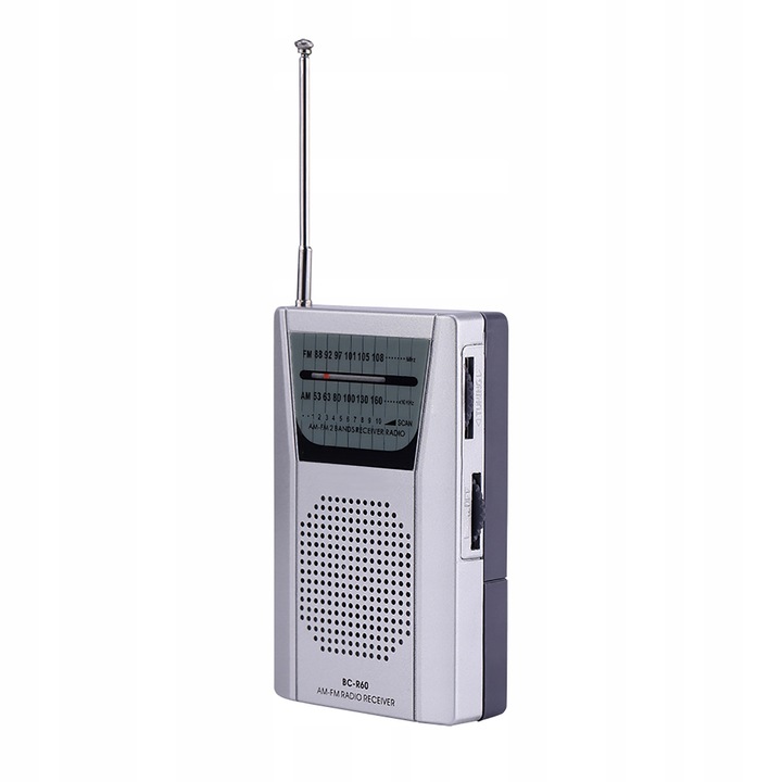 Radio portabil cu ceas, AM/FM, antena telescopica, difuzor incorporat, argintiu, 95x58x20mm