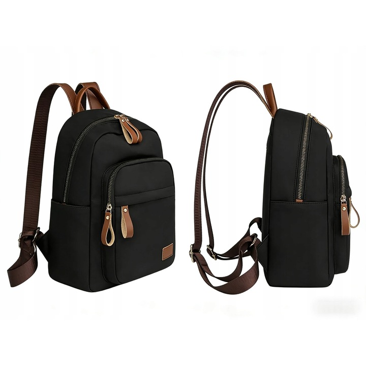 Rucsac fashion dama, negru, 23x30x12cm, cu detalii aurii, bretele reglabile