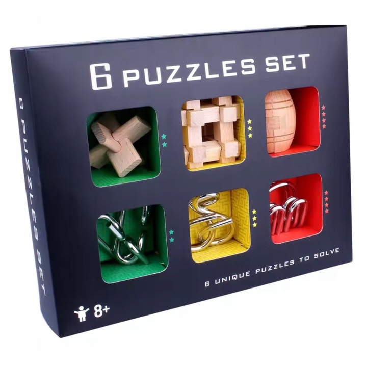 6 darabos logikai fa és fém puzzle készlet
