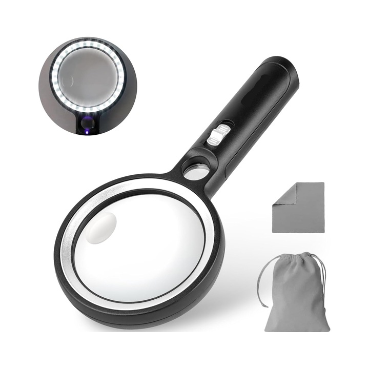 Lupa cu LED, 10x, 20x, 45x, neagra, set cu servetel de curatare si sac de depozitare
