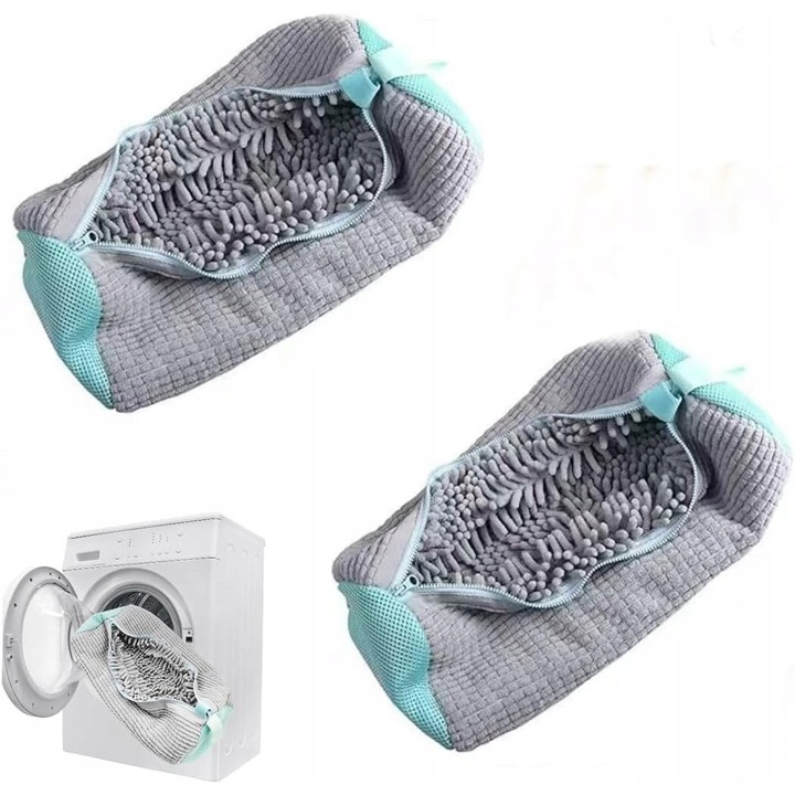 Set 2 saci de spalare pentru incaltaminte cu fermoar, gri
