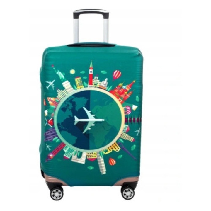 Husa pentru valiza, M, 57-62x38-43x25-27cm, poliester, spandex, albastra cu avion