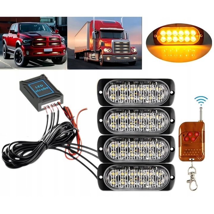 Lampa stroboscopica de avertizare 4 in 1 cu 12 LED-uri, 12V, impermeabila IPX4, telecomanda, dimensiuni 11x4x1cm