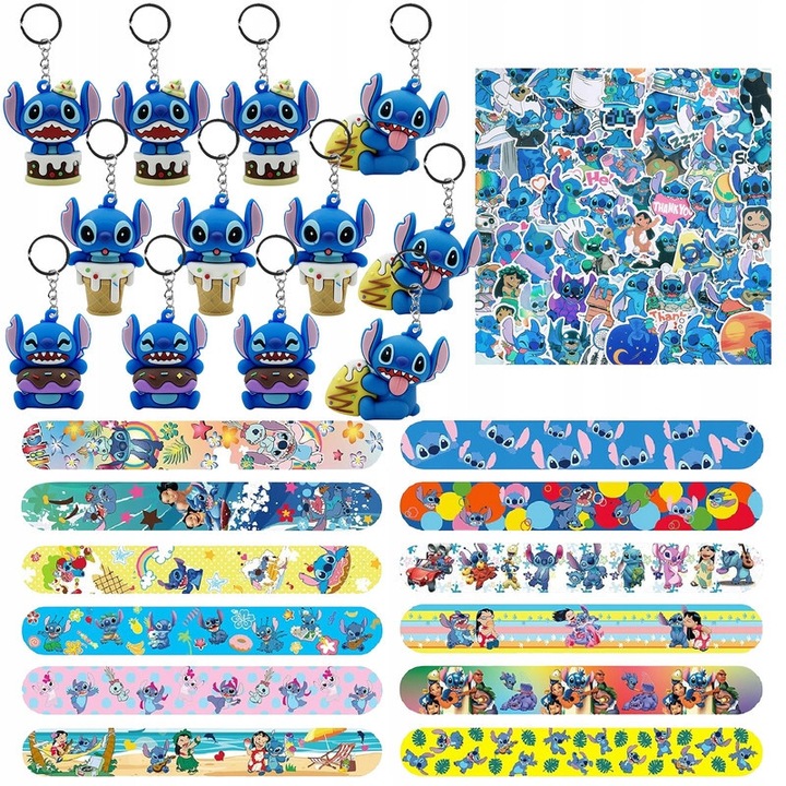 Zestaw upominkow pentru petrecere Stitch, 12 brelocuri, 12 bransoletki, 50 naklejek, multicolor