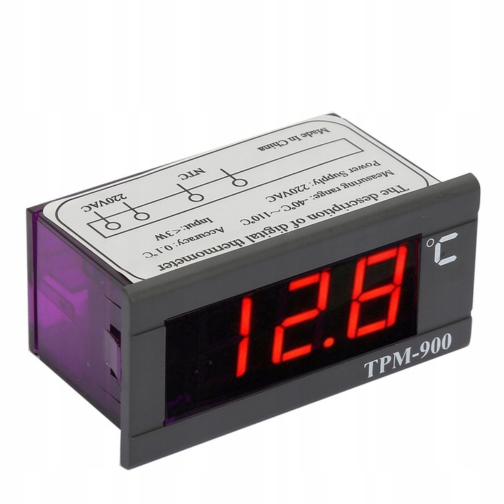 Digitális hőmérséklet-szabályzó TPM-900, 220V, -40 és +110°C közötti tartomány, LED kijelző, méretek 64x31mm