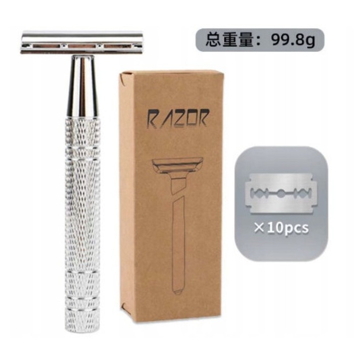 Maszynka de ras metalica traditionala cu 10 lame, set complet