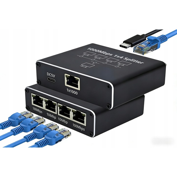 Mini switch RJ45 1->4 Gigabit, 1000 Mb/s, negru, cu alimentare USB
