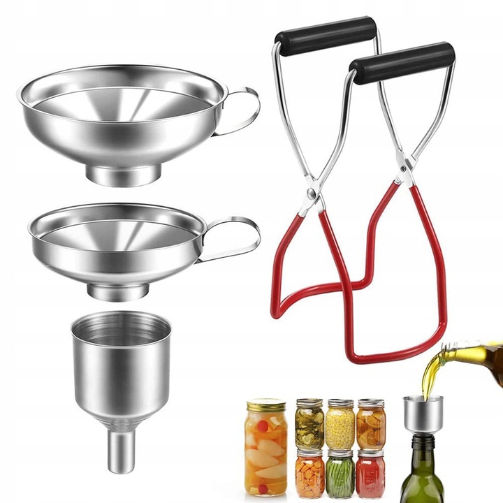 Комплект фунии от неръждаема стомана за буркани, 3 броя, различни размери: 14,7x5,5 см, 10,3x3,3 см, 3,5x1 см