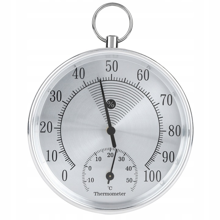 Termometru higrometru, 10x10x2,5cm, cu suport, pentru interior, aluminiu, plastic, sticla