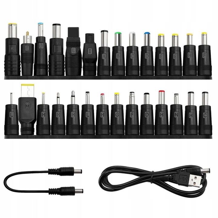 28 db univerzális adapter készlet DC 5,5x2,1mm, DC-DC kábel, USB-DC kábel, fekete