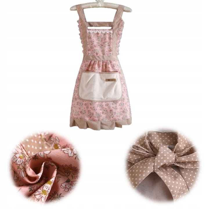 Fartuch bucatarie dama roz, vintage, cu flori, cu o mare buzunar, reutilizabil