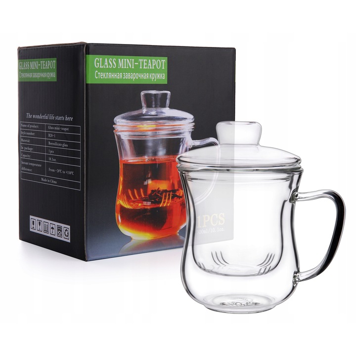 Cana din sticla cu infuzor, 300ml, transparent, set 3 piese
