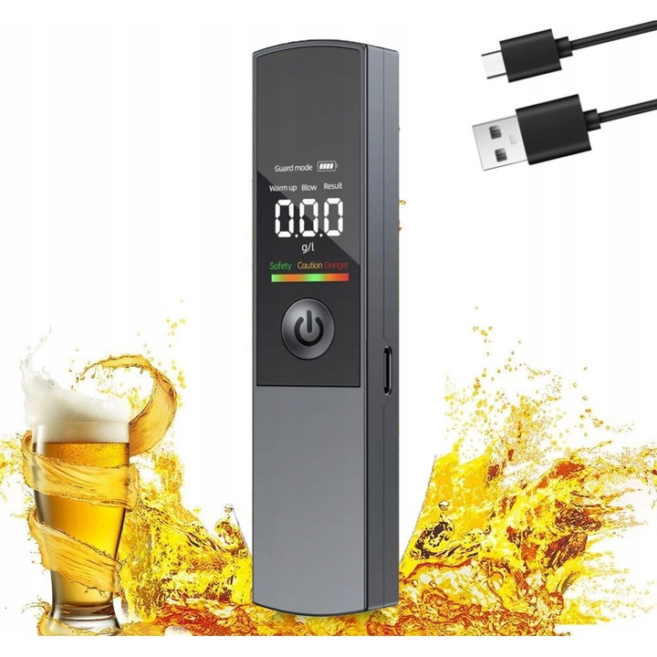 Etilotest digital profesional cu display LCD, sistem de avertizare, incarcare USB, compact, set complet