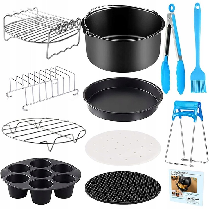 Set 11 accesorii pentru friteuza 8 inch, silicon si inox, usor de curatat