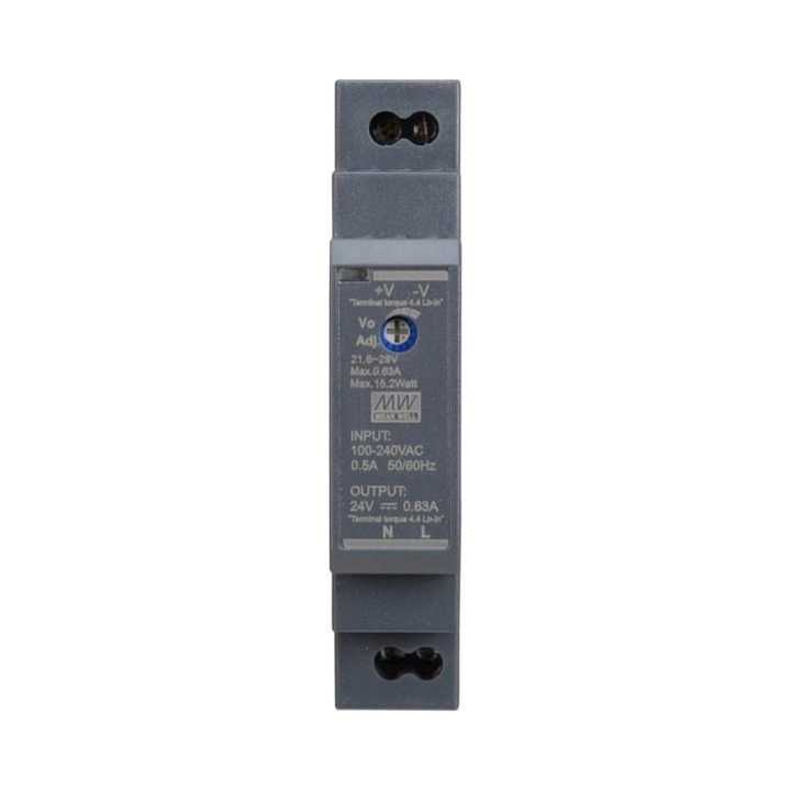 Mean Well 15W 24V 0.63A DIN sínre szerelhető tápegység, túlterhelésvédelem, méretek 17,5x90x54mm