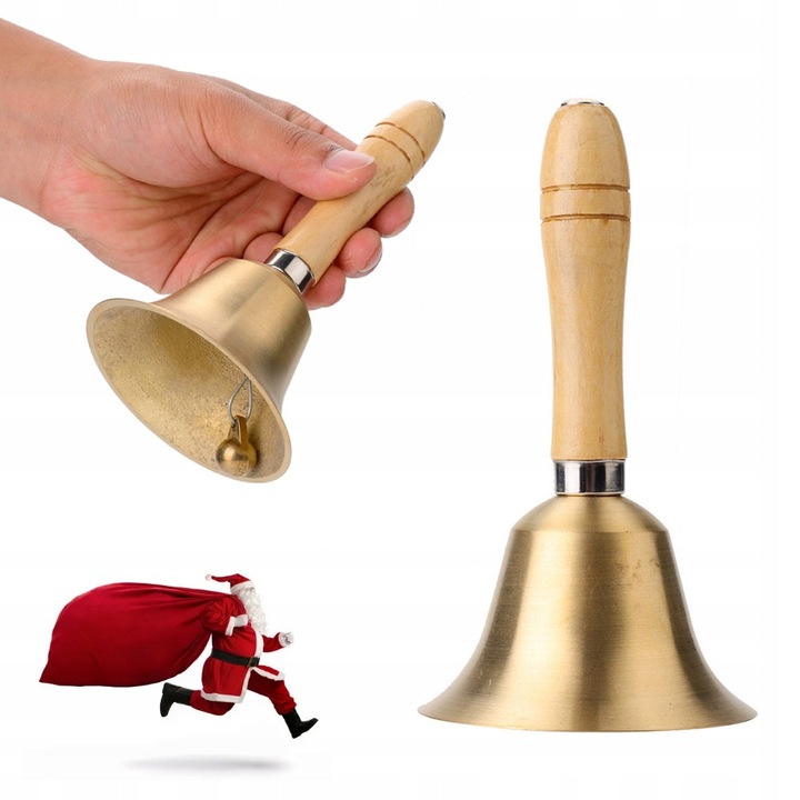 Clopot manual din cupru cu maner din lemn, auriu, 15x8cm, set