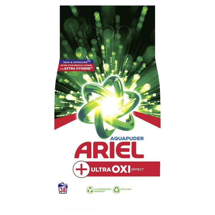 Detergent rufe Ariel +Extra Clean Power 2,47 Kg, 38 spalari, tehnologie Anti-Residue, alb si colorat