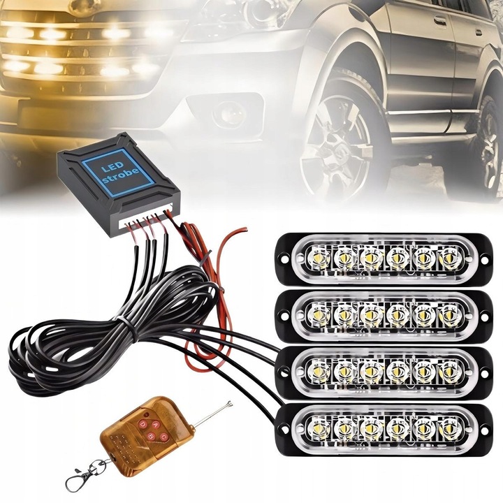 Set de 4 lampi stroboscopice portocalii 12V/24V cu controller, dimensiuni 112x28x10mm, montaj pe suruburi