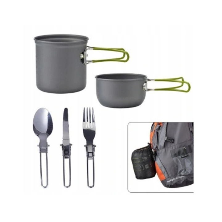 Set vase camping, verde si portocaliu, din aluminiu, pentru gatit in aer liber