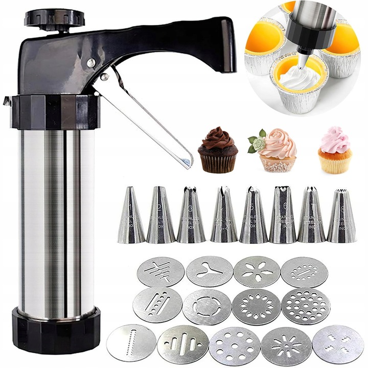 Presa pentru decorat prajituri, 8 duze, 13 sabloane, inox, 25x14.5cm