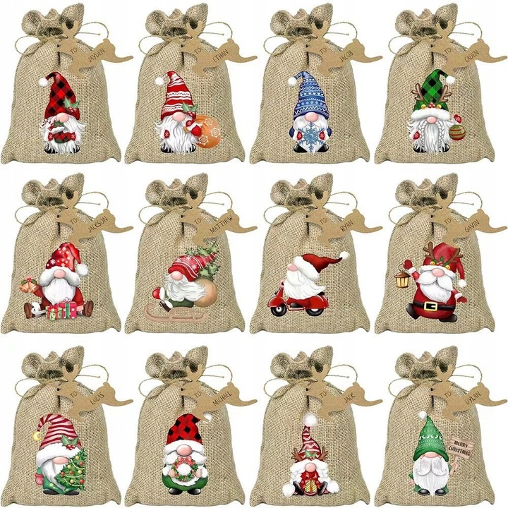 Set 24 pungi din in cu sfoara jute pentru ambalarea cadourilor de Craciun