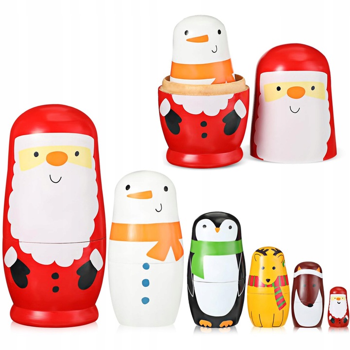 Set 6 in 1 Papusi matrioska din lemn, design animale, 14x4cm, multicolor